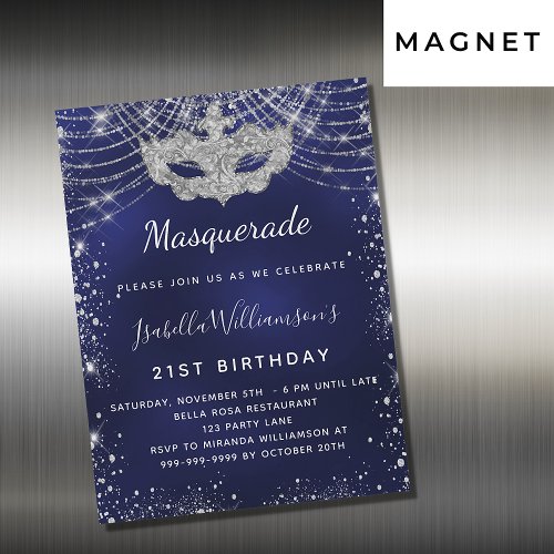 Masquerade navy blue silver birthday party magnetic invitation