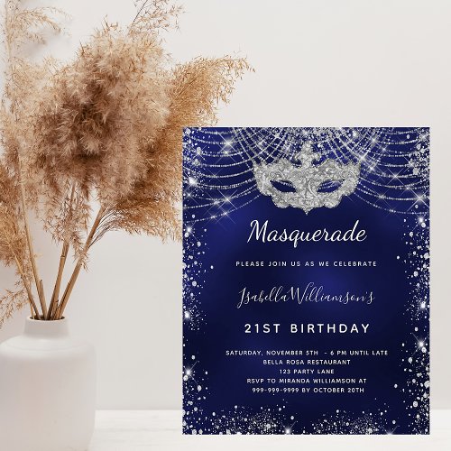 Masquerade navy blue silver budget invitation flyer