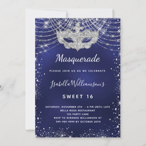Masquerade navy blue silver glitter Sweet 16 Invitation