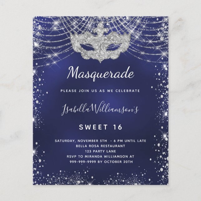 Masquerade navy blue silver Sweet 16 invitation (Front)