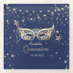 Masquerade, Navy Blue Stars  Quinceañera   Glass Coaster