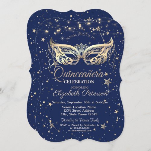 Masquerade Navy Blue Stars  Quinceaera Invitation