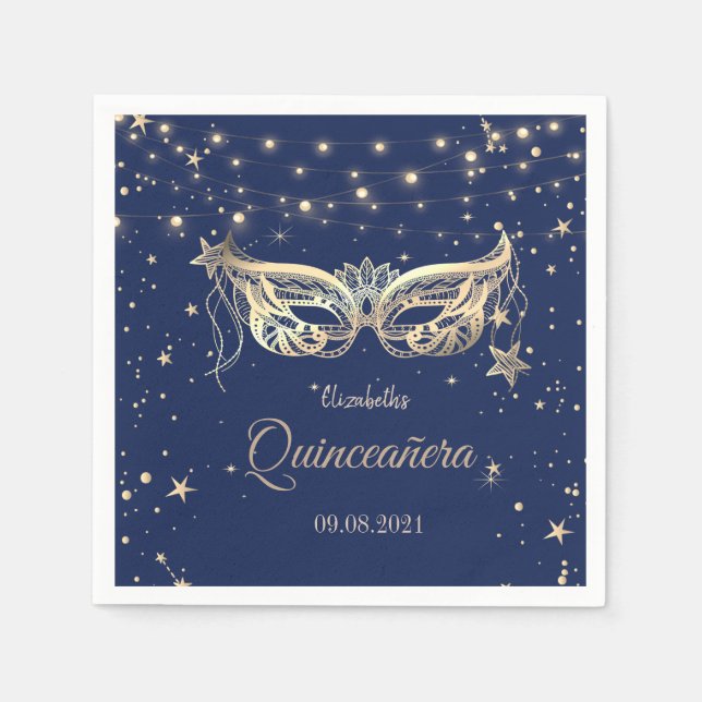 Masquerade, Navy Blue Stars  Quinceañera  Napkins (Front)