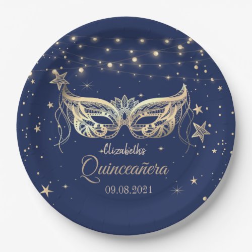 Masquerade Navy Blue Stars  Quinceaera   Paper Plates