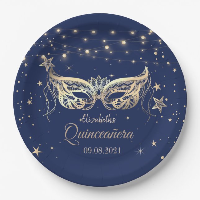 Masquerade, Navy Blue Stars  Quinceañera   Paper Plates (Front)