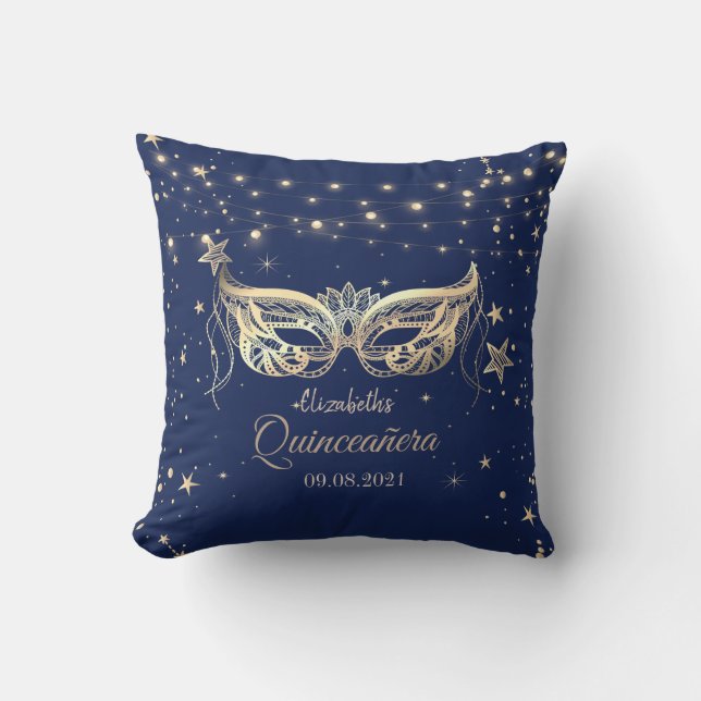 Masquerade, Navy Blue Stars  Quinceañera   Throw Pillow (Front)