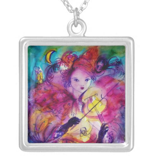 MASQUERADE NIGHT Carnival Musician in Pink Costume Silver Plated Necklace