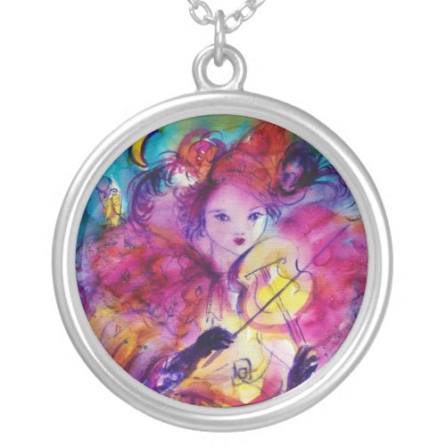 MASQUERADE NIGHT Carnival Musician in Pink Costume Silver Plated Necklace