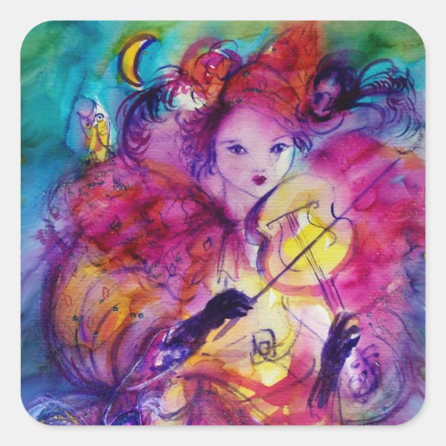 MASQUERADE NIGHT Carnival Musician in Pink Costume Square Sticker (Front)