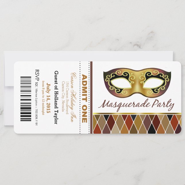 Masquerade Party Admit One Ticket | bronze Invitation (Front)