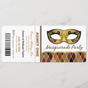 Masquerade Party Admit One Ticket   bronze Invitation
