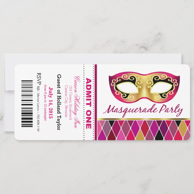Masquerade Party Admit One Ticket | fuschia Invitation (Front)
