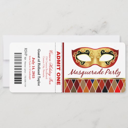 Masquerade Party Admit One Ticket  red Invitation