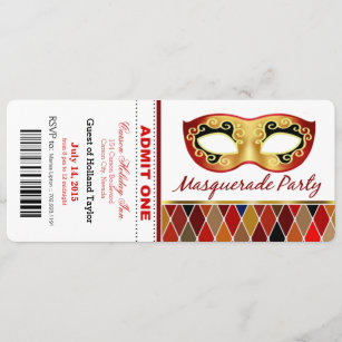 Masquerade Party Admit One Ticket   red Invitation