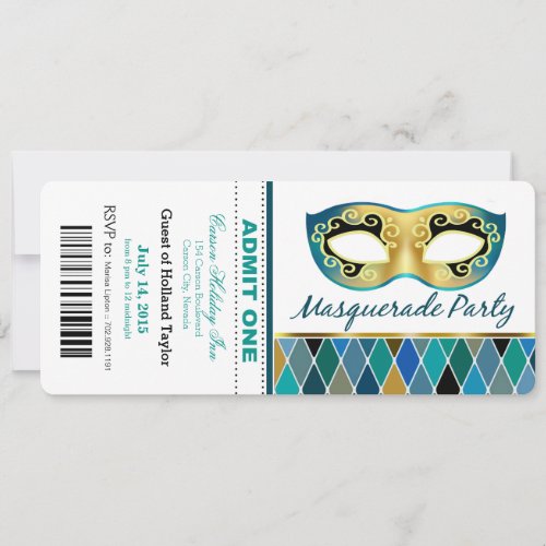 Masquerade Party Admit One Ticket  teal Invitation