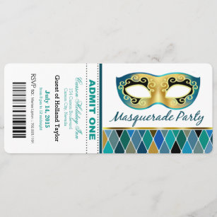 Masquerade Party Admit One Ticket   teal Invitation