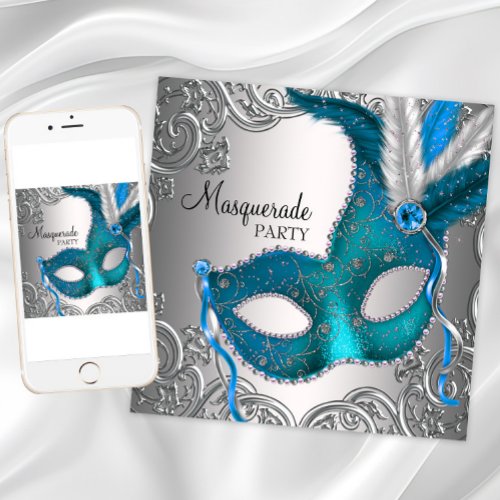 Elegant Silver Teal Blue Masquerade Party Custom Invites