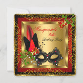 Masquerade Party Ball Gold Red Black Mask Rose Invitation | Zazzle