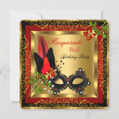 Masquerade Party Ball Gold Red Black Mask Rose Invitation