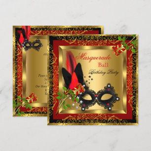 Masquerade Party Ball Gold Red Black Mask Rose Invitation