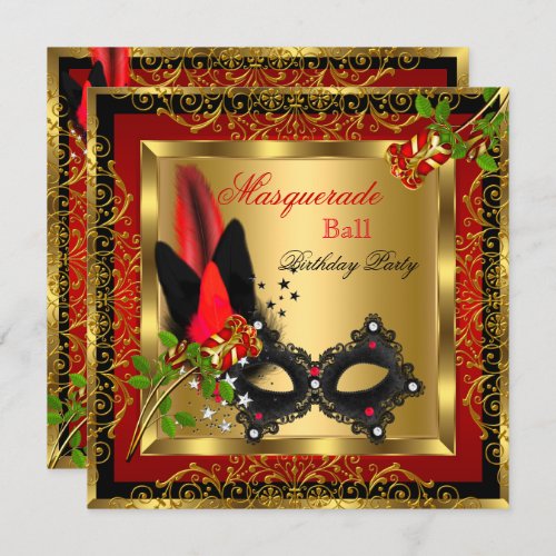 Masquerade Party Ball Gold Red Black Mask Rose Invitation