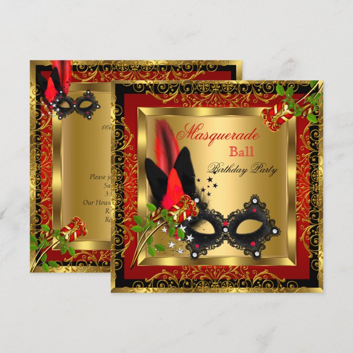 Masquerade Party Ball Gold Red Black Mask Rose Invitation Zazzle Com