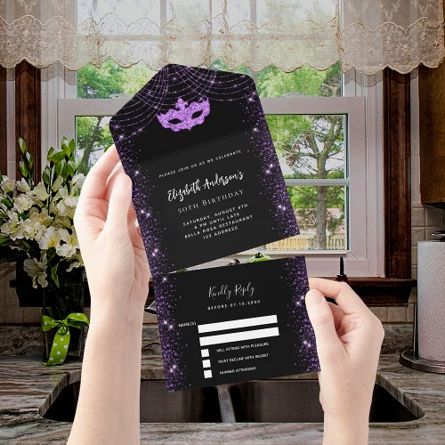 Masquerade party birthday black purple mask RSVP All In One Invitation