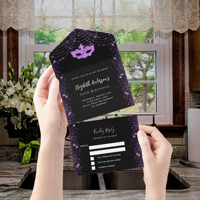 Masquerade party birthday black purple mask RSVP All In One Invitation (Creator Uploaded)
