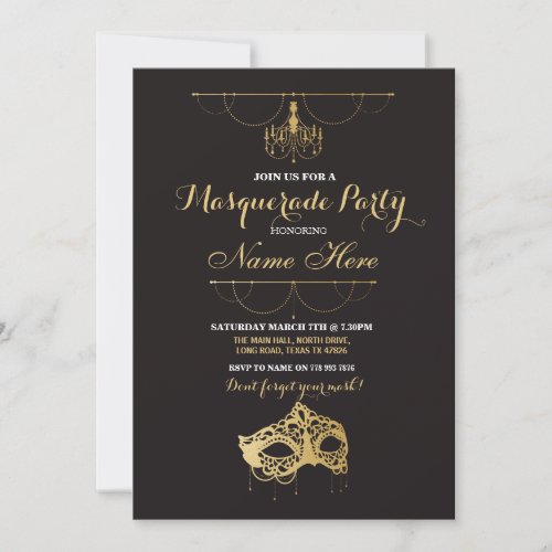 Masquerade Party Birthday Gold Mask Invite
