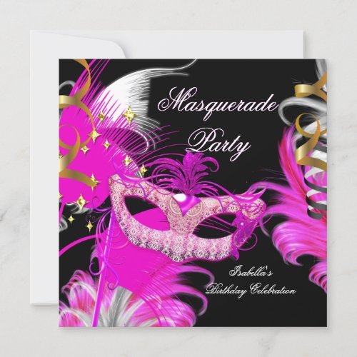 Masquerade Party Birthday Hot Pink Mask Feathers 2 Invitation