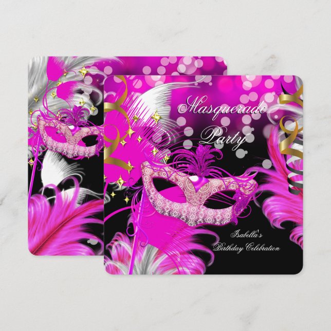 Masquerade Party Birthday Hot Pink Mask Feathers 3 Invitation (Front/Back)