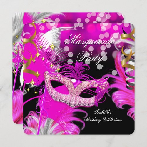 Masquerade Party Birthday Hot Pink Mask Feathers 3 Invitation