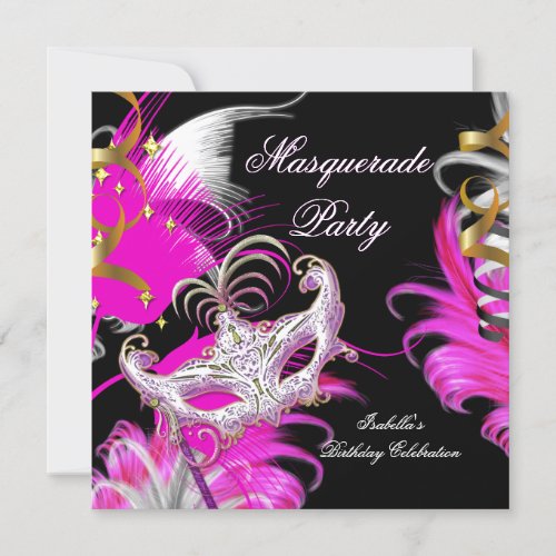 Masquerade Party Birthday Hot Pink Mask Feathers Invitation