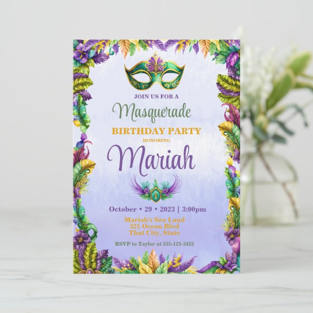 Masquerade Party Birthday Invitation (Standing Front)
