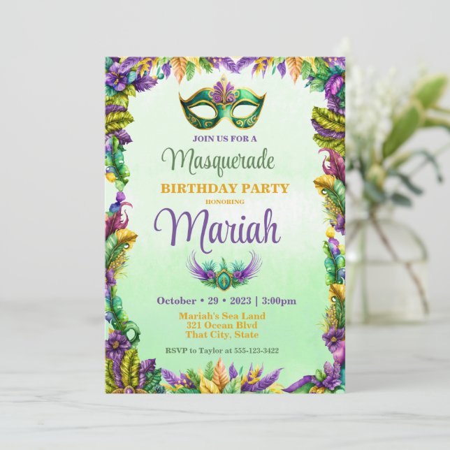 Masquerade Party Birthday Invitation (Standing Front)