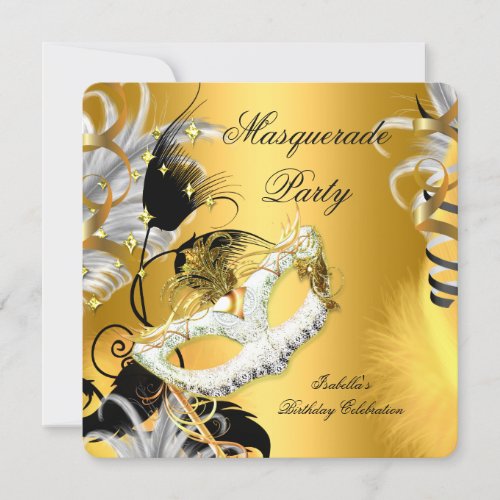 Masquerade Party Birthday Mask Black Gold Invitation