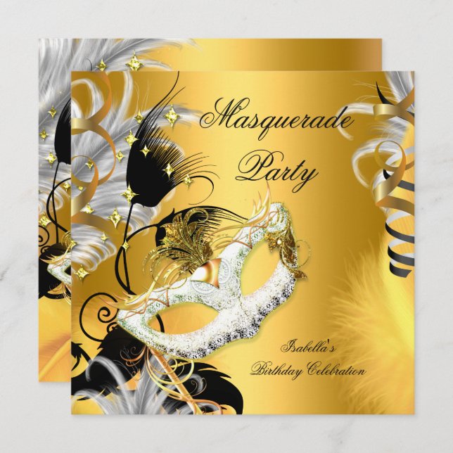 Masquerade Party Birthday Mask Black Gold Invitation (Front/Back)