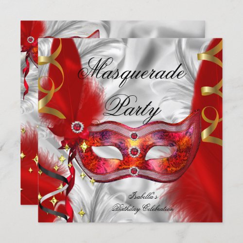 Masquerade Party Birthday Party Red Silver Invitation