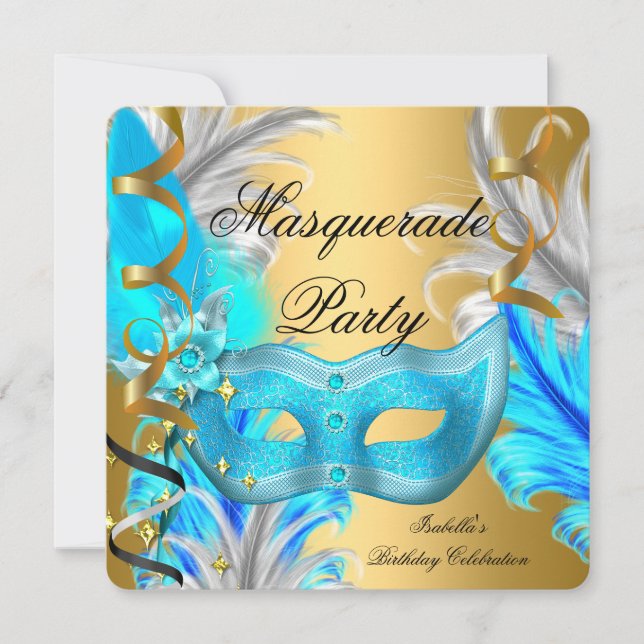 Masquerade Party Birthday Party Teal Blue Gold Invitation (Front)