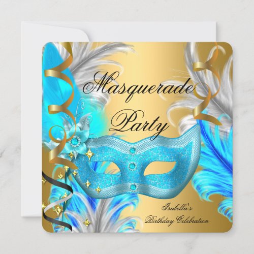 Masquerade Party Birthday Party Teal Blue Gold Invitation