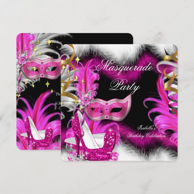 Masquerade Party Birthday Pink Black White 2 Invitation (Front/Back)
