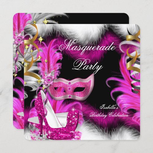 Masquerade Party Birthday Pink Black White 2 Invitation