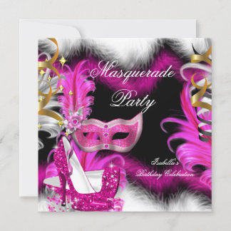 Masquerade Party Birthday Pink Black White 2 Invitation