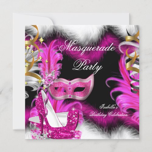 Masquerade Party Birthday Pink Black White 2 Invitation