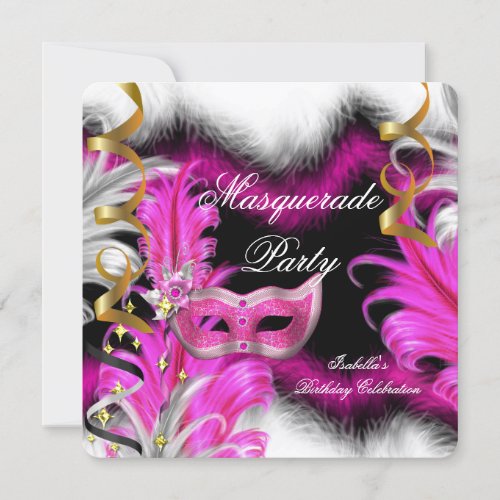 Masquerade Party Birthday Pink Black White Invitation