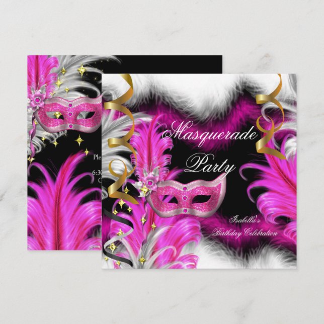 Masquerade Party Birthday Pink Black White Invitation (Front/Back)