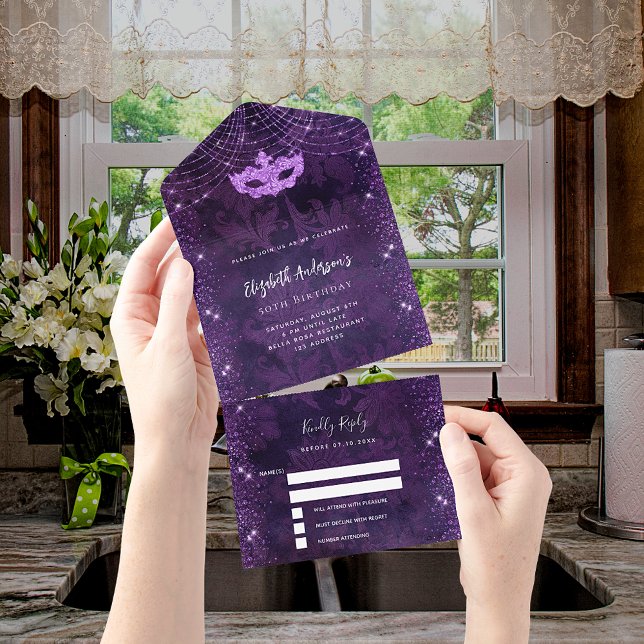 Masquerade party birthday purple mask RSVP All In One Invitation (Creator Uploaded)