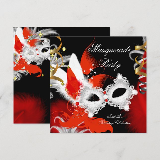 Masquerade Party Birthday Red Mask Black White 2 Invitation (Front/Back)
