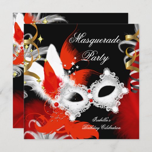 Masquerade Party Birthday Red Mask Black White 2 Invitation
