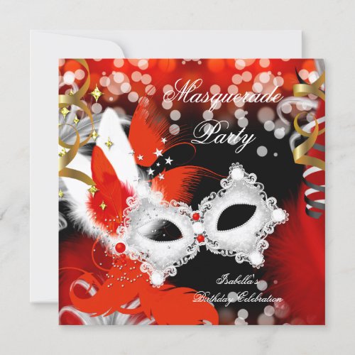 Masquerade Party Birthday Red Mask Black White 3 Invitation